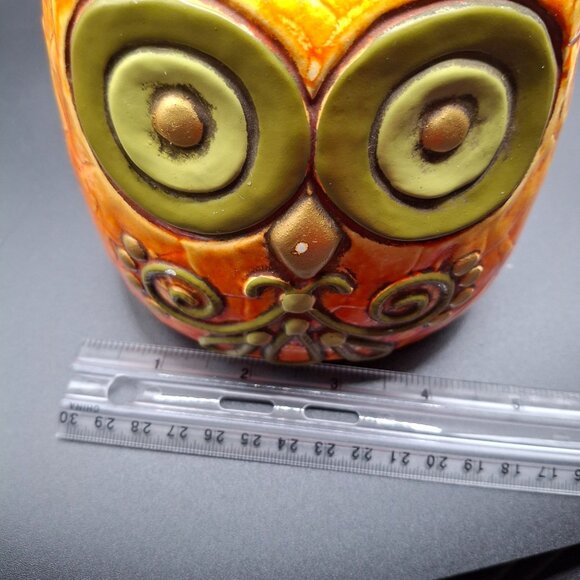 Vintage Ceramic Fitz & Floyd Owl Coin Bank Embossed Floral Orange-Green READ - Picture 8 of 8